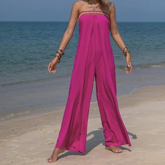 Pink Preppy Womens Contrast Geo Embroidery Tape Tube Wide Leg Jumpsuit - Picture 4 of 5
